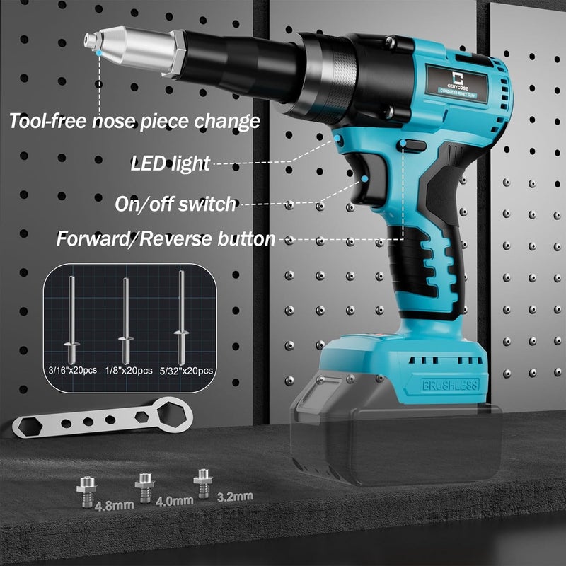 Cerycose Rivet Gun Compatible with Makita 18V Battery,Cordless Riveters Tool,Brushless Rivet with 3 Size(1/8", 5/32", 3/16") Aluminum Rivets & LED Light for Construction,Metalworking - Image 2